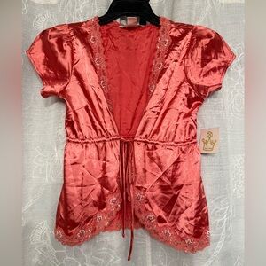 Luxurious Coral Satin Lace Trim Top